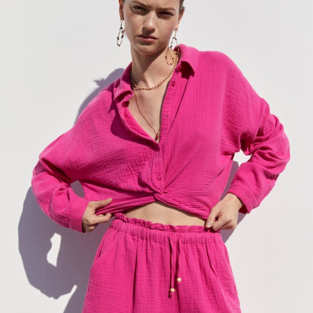 Mango Pink Textured Crop Shirt